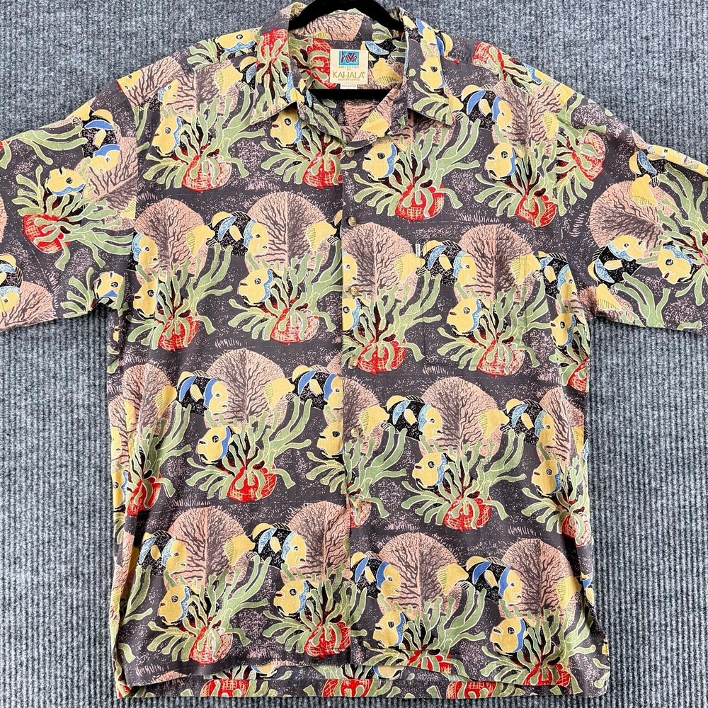 Vintage Hawaiian Shirt Fish Print Aloha‎ Button Up Made In Hawaii L Tiki Kahala